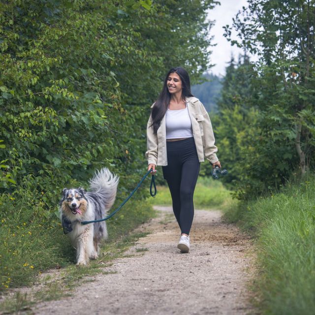 Frau spaziert mit Hund durch den Wald 